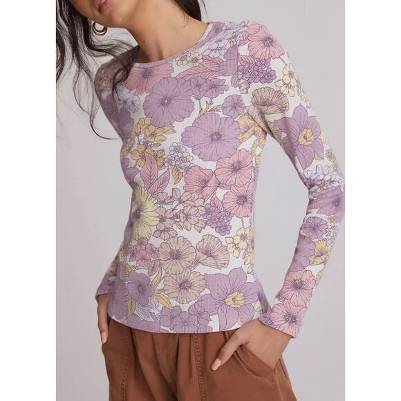 ANTHROPOLOGIE T.La MULTICOLOR FLORAL LONG SLEEVE CLASSIC COMFY RIBBED TOP Sz M - Picture 1 of 8